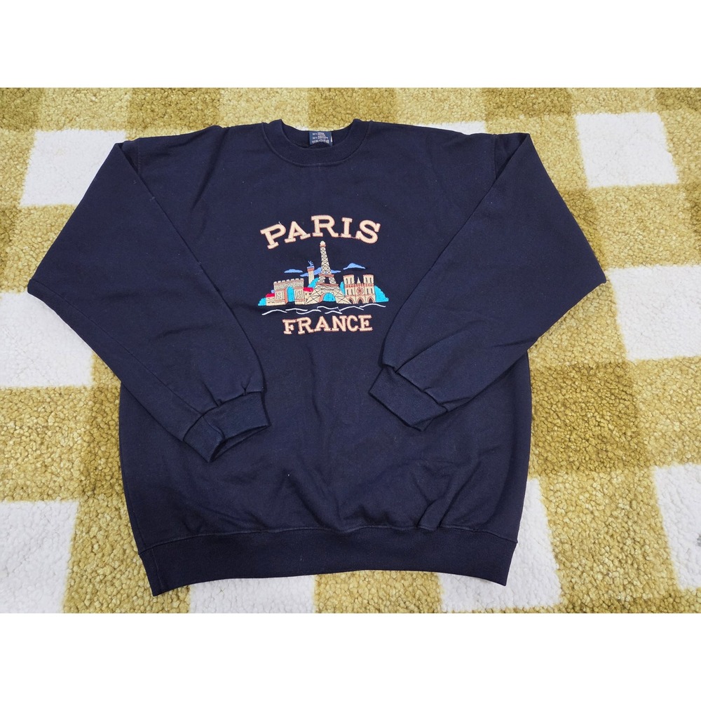 Vintage Flay Energy Paris France Embroidered Navy Blue Sweatshirt XL